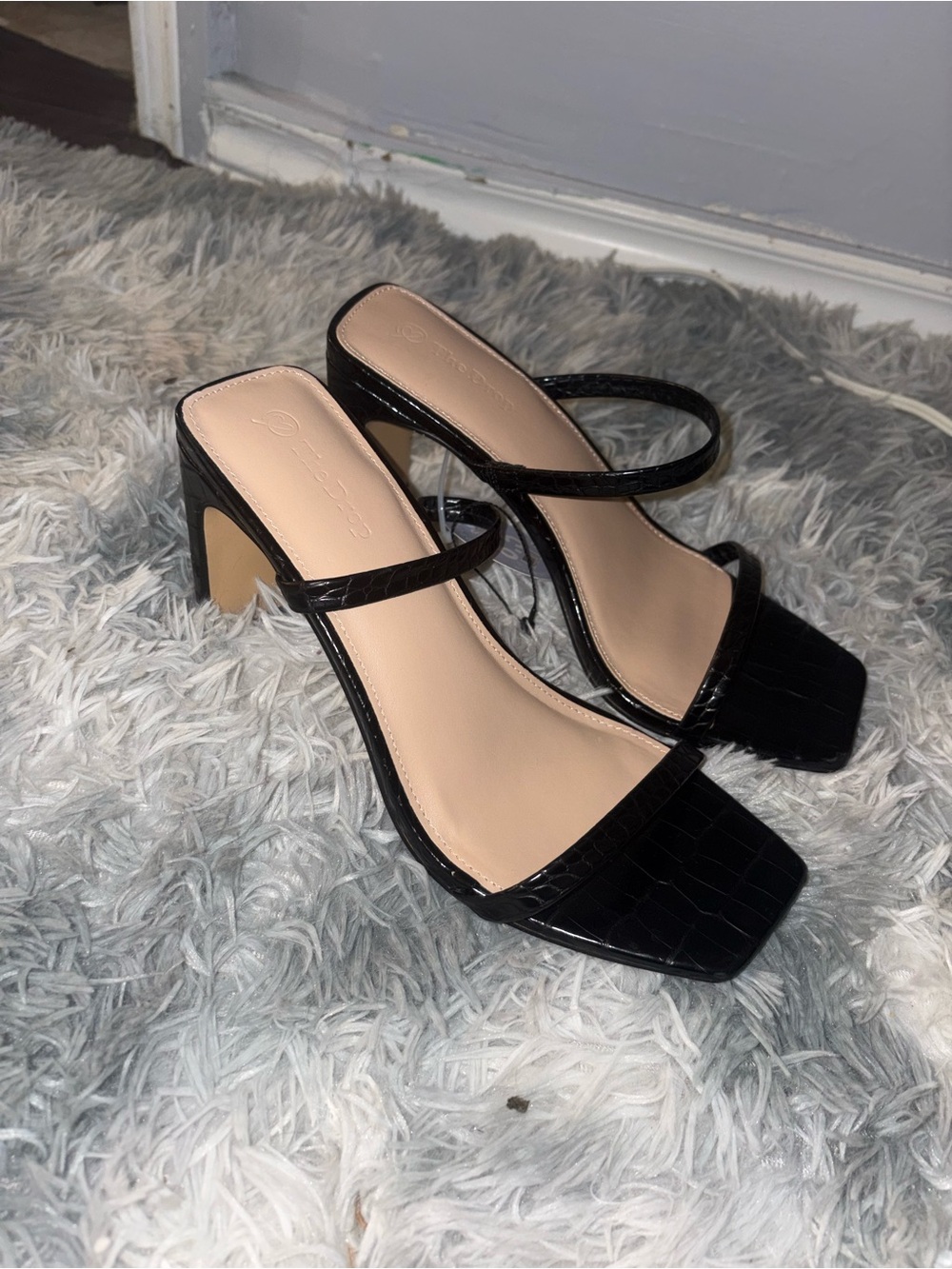 NEW Croc-Embossed Black Strappy Block Heel Sandal - Women